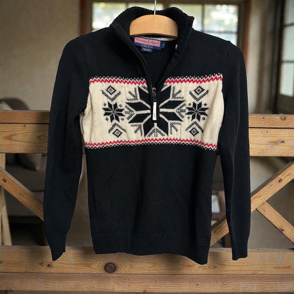 Vineyard Vines Boys Sweater Wool Snowflake Fair‎ Isle 1/4 Zip Mock Neck  Small